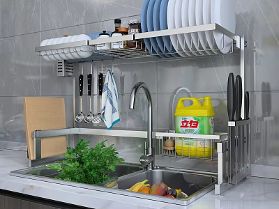 Stainless Steel Bathroom Cabinet Rack Above Sink With Dishes Knives And Cleaning Supplies Organizer 3d model