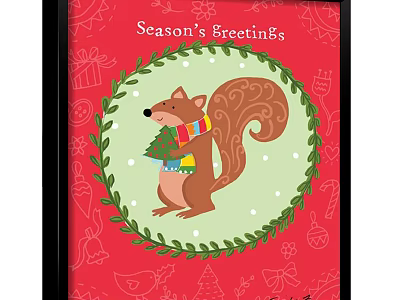 Festive Squirrel Animal Painting With Colorful Scarf Small Christmas Tree Green Wreath On Red Background 3d model