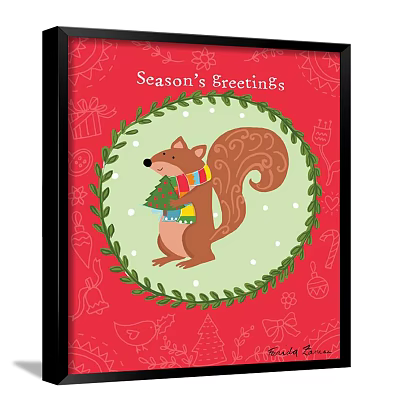 Festive Squirrel Animal Painting With Colorful Scarf Small Christmas Tree Green Wreath On Red Background 3d model