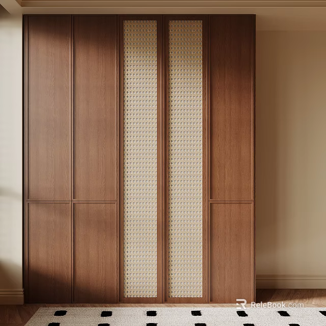 Modern Wooden Wardrobe Design With Central Woven Panel And Brown Finish 3d model 