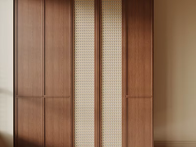 Modern Wooden Wardrobe Design With Central Woven Panel And Brown Finish 3d model