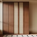 Modern Wooden Wardrobe Design With Central Woven Panel And Brown Finish