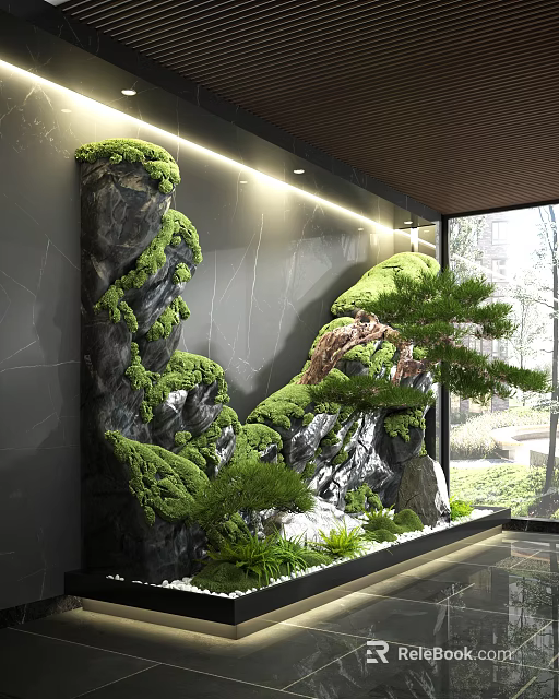Garden Ornament With Moss Covered Rocks Pine Tree And Indoor Green Landscape Design 3d model 