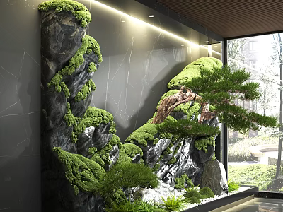 Garden Ornament With Moss Covered Rocks Pine Tree And Indoor Green Landscape Design 3d model