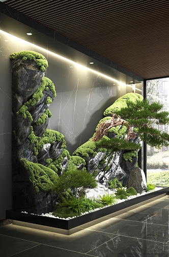 Indoor landscaping stone landscaping moss pine gravel 3d model