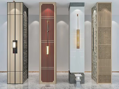 Modern Decorative Columns Featuring Various Designs Wood Grain Lattice And Lighting Elements 3d model