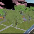 Outdoor Park Circular Plaza With Brick Paving Grass Areas Trees And Steps