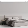 Modern Double Bed With Grey Upholstered Headboard Linen Bedding And Wooden Bedside Tables