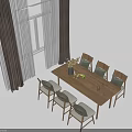 Wooden Dining Table Set With Six Upholstered Chairs Vase Flowers And Window Curtains