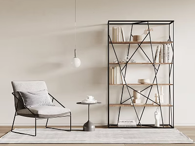 Modern Geometric Bookcase With Black Metal Frame And Wooden Shelves Holding Books In Living Room 3d model
