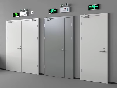 Steel Hinged Doors With Emergency Exit Signs And Green Indicator Lights 3d model