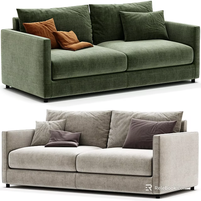 Green And Light Grey Two Seater Sofa With Brown Grey Dark Purple Cushions 3d model 