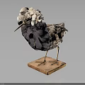 Bird With White Fluffy Head Dark Body Patterned Wings On Wooden Base Against Dark Background