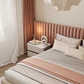 Cozy Elegant Modern Bedroom Interior With Pink Upholstered Headboard Chandelier And Nightstands