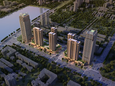 Comprehensive Aerial View Planning With High Rise Residential Buildings Green Spaces And Road Networks 3d model