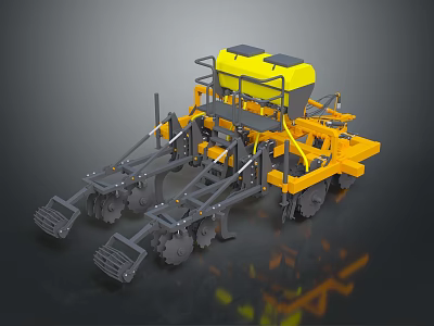 Yellow Farm Seeder Machinery With Multiple Wheels And Top Fertilizer Tank 3d model