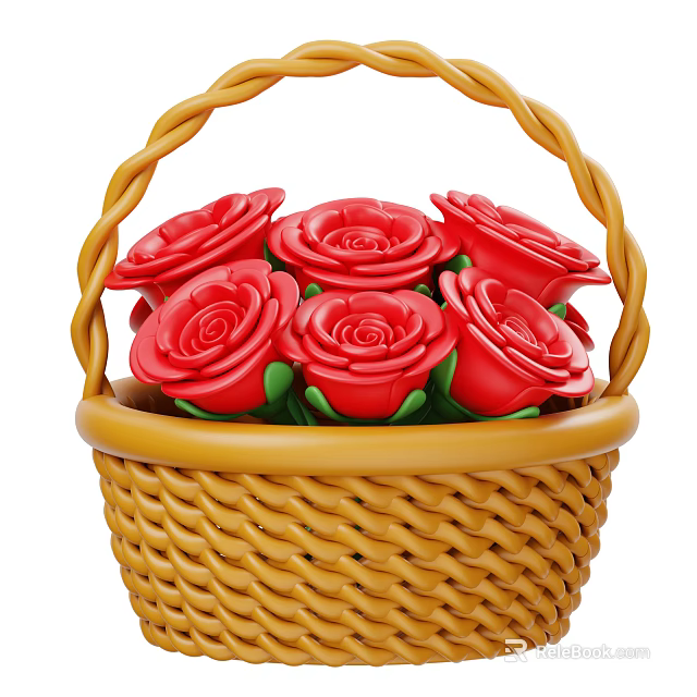 Beautiful Red Roses Arranged in Woven Wicker Basket with Green Leaves 3d model 