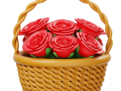 Beautiful Red Roses Arranged in Woven Wicker Basket with Green Leaves 3d model