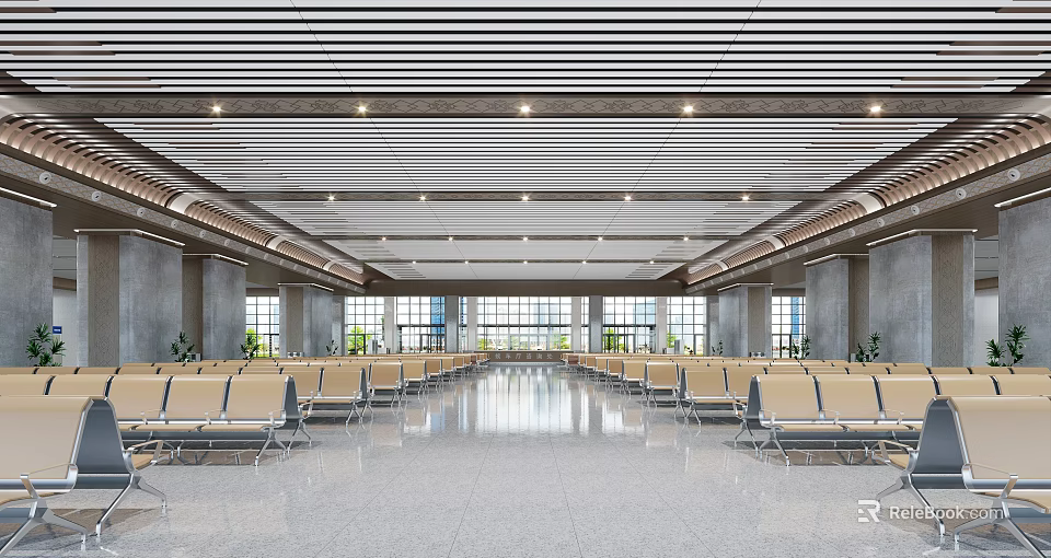Modern Station Waiting Hall With Spacious Interior Bright Lighting Large Windows And Neatly Arranged Seats 3d model 