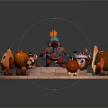 Game and Movie Characters with Armored Main Figure and Animal Like Sidekicks on Circular Platform