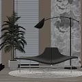 Stylish Leisure Chair With Golden Leather Seat Floor Lamp And Potted Plant By Textured Wall