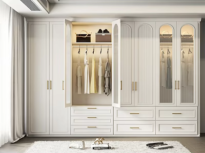Elegant White Wardrobe Interior Design With Glass Doors Open Hanging Clothes And Drawers 3d model