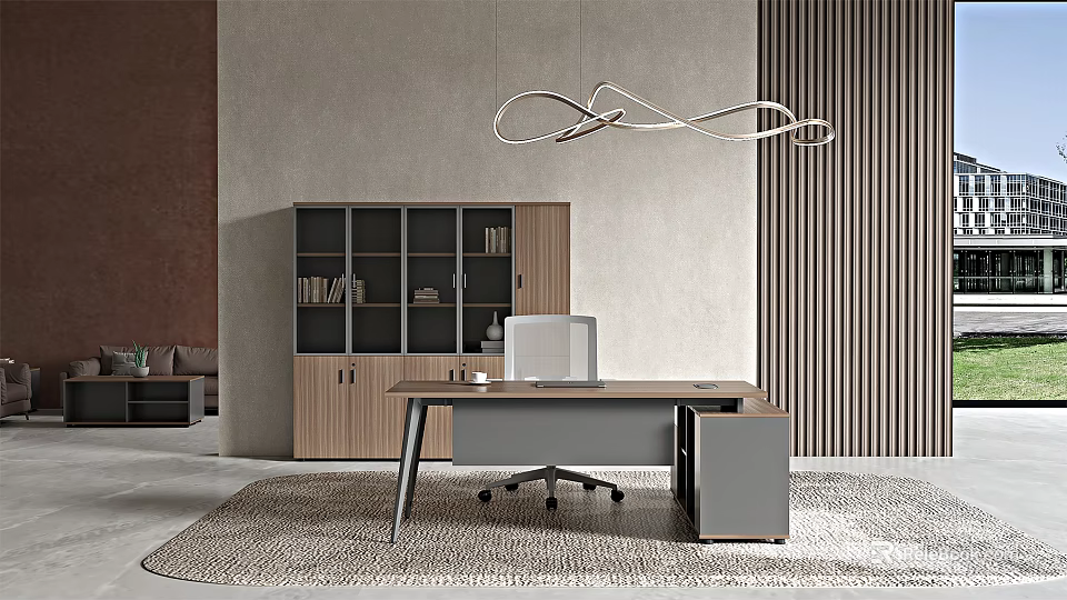 Modern Office Desk with Ergonomic Chair Unique Pendant Light Wooden Cabinet and Area Rug 3d model 