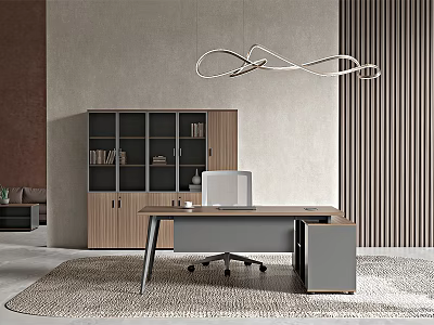 Modern Office Desk with Ergonomic Chair Unique Pendant Light Wooden Cabinet and Area Rug 3d model