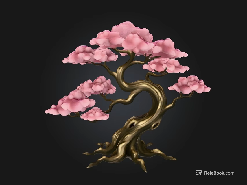 Elegant Artistic Ornamental Arbor With Pink Blossoms And Golden Curved Trunk 3d model 