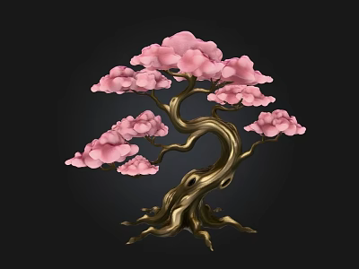 Elegant Artistic Ornamental Arbor With Pink Blossoms And Golden Curved Trunk 3d model