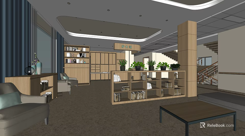Spacious Study Area With Wooden Bookshelves Sofas Plants And Open Layout Design 3d model 