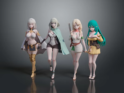 Anime Style Game Movie Characters Standing Together With White Green Hair And Diverse Outfits 3d model
