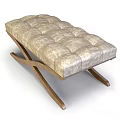 Modern Tufted Ottoman With Crossed Wooden Legs Neutral Beige Upholstery