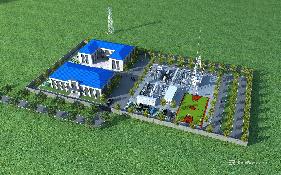 Blue Roof Industrial Plant Featuring Green Landscaping Industrial Facilities Parking Area and Roadways 3d model 