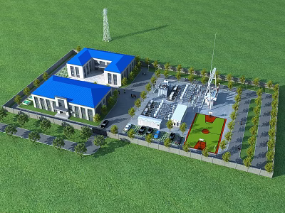Blue Roof Industrial Plant Featuring Green Landscaping Industrial Facilities Parking Area and Roadways 3d model