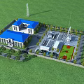Blue Roof Industrial Plant Featuring Green Landscaping Industrial Facilities Parking Area and Roadways