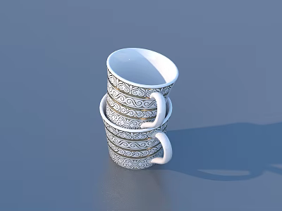 White Patterned Ceramic Mugs Stacked With Decorative Designs And Handles For Daily Use 3d model