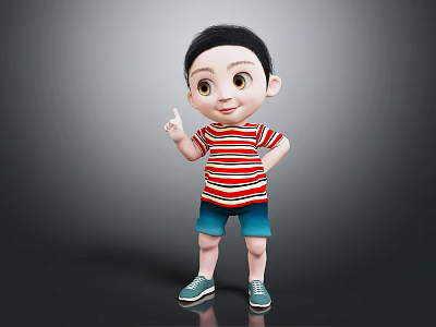 Cartoon Child Wearing Red White Striped Shirt Blue Shorts With Hand On Hip Pointing Up 3d model