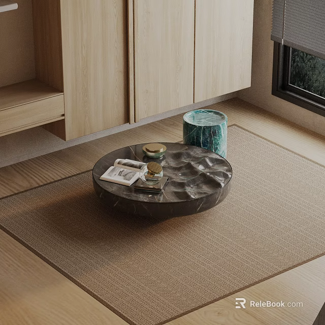 Modern Sofa and Round Marble Coffee Table Set With Decorative Candle And Magazine On Woven Rug 3d model 