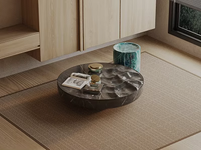 Modern Sofa and Round Marble Coffee Table Set With Decorative Candle And Magazine On Woven Rug 3d model