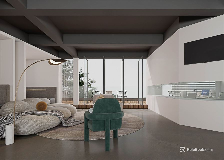 Modern Lounge Area With Cozy Sofa Green Chair Floor Lamp Wall TV And Large Windows 3d model 