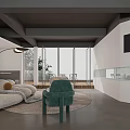 Modern Lounge Area With Cozy Sofa Green Chair Floor Lamp Wall TV And Large Windows