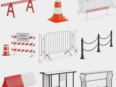 Various Road Facilities Including Traffic Cones Metal Barriers Chain Bollards And Warning Signs 3d model