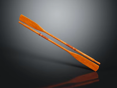 Pair of Wooden Oars as Rowing Sports Equipment on Black Background with Reflection 3d model