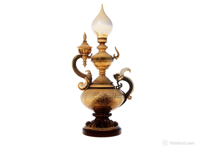 Vintage Golden Table Lamp With Carved Patterns Curved Handles And White Lampshade 3d model 