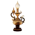 Vintage Golden Table Lamp With Carved Patterns Curved Handles And White Lampshade