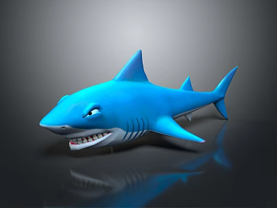 Cartoon Blue Shark Character 3D Model With Sharp Teeth Shiny Surface On Dark Reflective Background 3d model