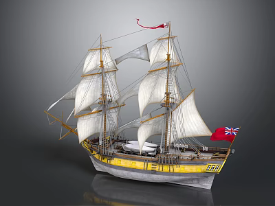 Vintage Sailing Ship With Yellow Hull White Sails Tall Masts And Red Flags 3d model