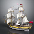 Vintage Sailing Ship With Yellow Hull White Sails Tall Masts And Red Flags