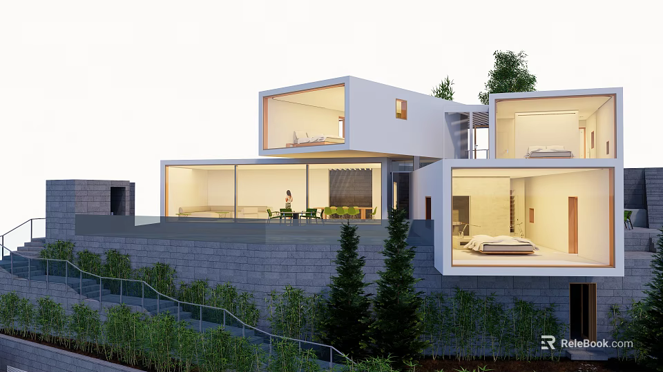 Modern Detached Villa With Glass Facade Open Design And Greenery Surroundings 3d model 